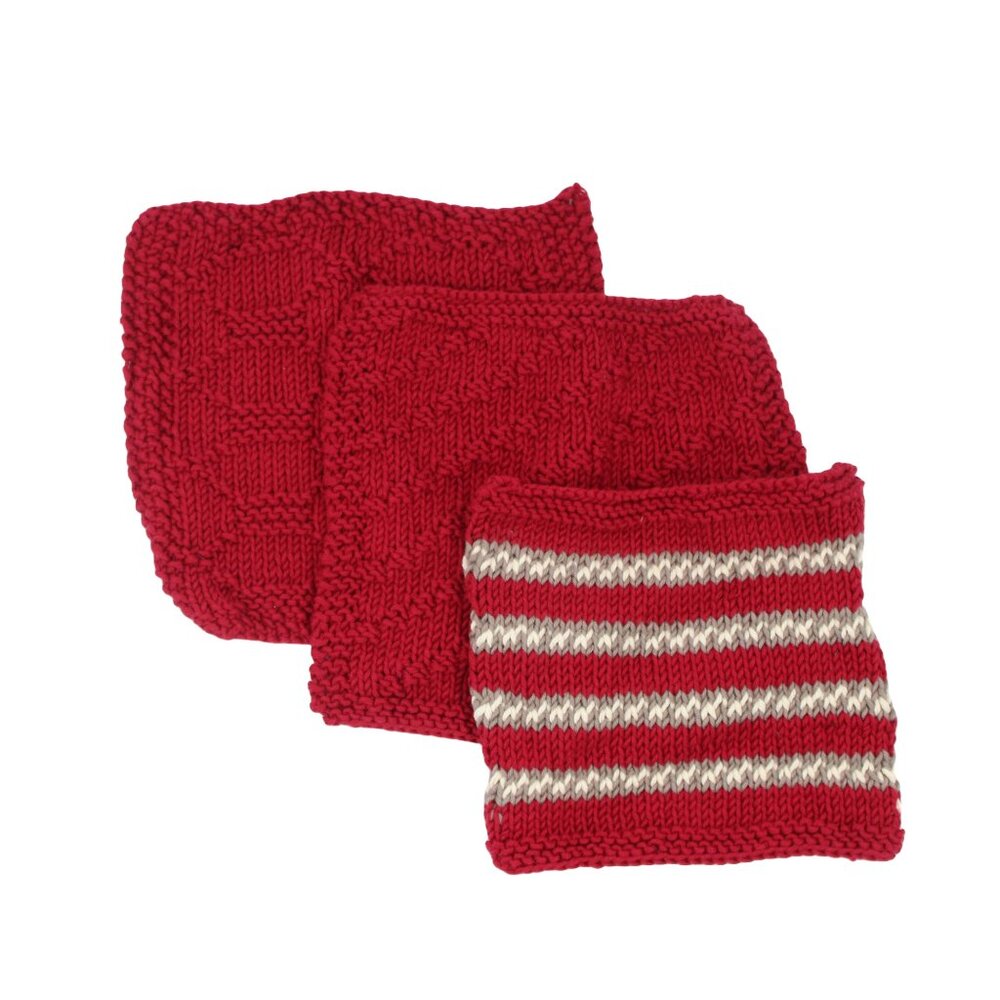 Handmade Hand Knit Red Cotton Dishcloth Set (Bloemen, Ripples, Honeycomb)
